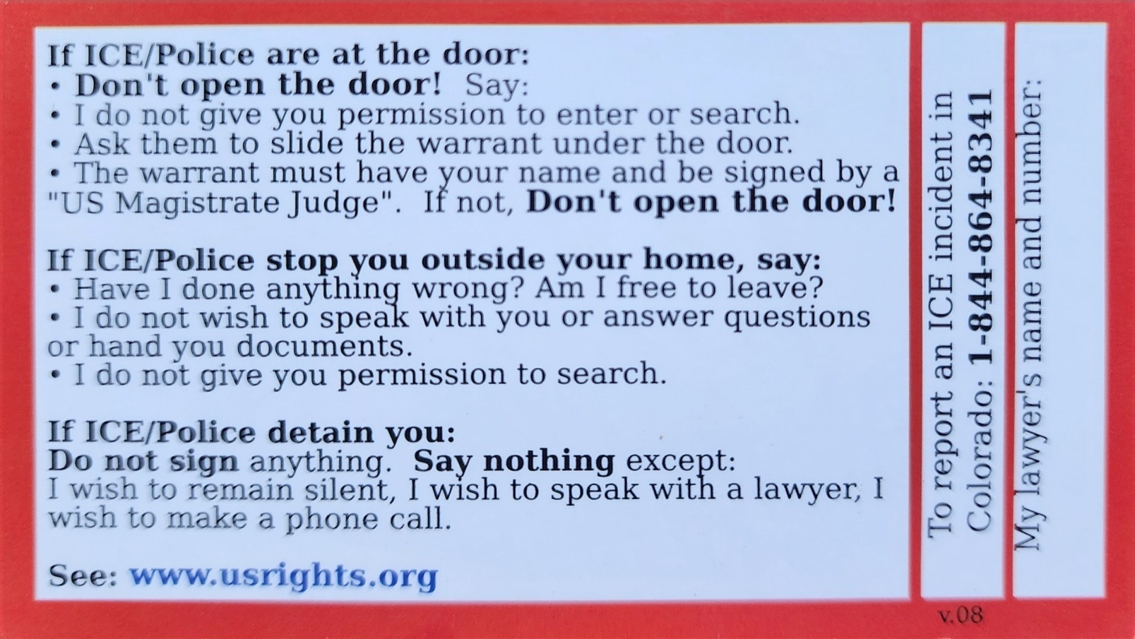 Red Cards Know Your Rights Cards